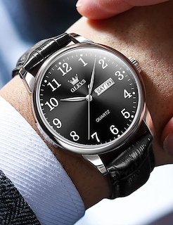 Foto 3 | Foto 3 | Reloj Olevs Para Hombre De Cuero Negro Analógico De Cuarzo Resistente Al Agua - Venta Internacional.