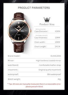Foto 6 | Foto 6 | Vestido Casual Negro De Cuero Marrón Watch Olevs Para Hombre, 43 Mm - Venta Internacional.