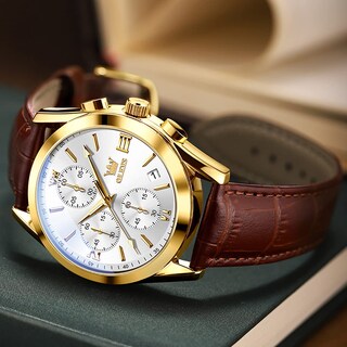 Foto 5 | Foto 5 | Reloj Olevs Cronógrafo De Cuero Marrón Dorado Blanco Para Hombre - Venta Internacional.