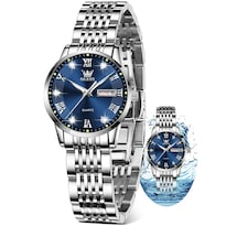 Reloj Olevs Plateado De Acero Inoxidable Con Esfera Azul Para Mujer - Venta Internacional.
