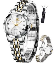 Reloj Olevs Para Mujer, Plateado Y Dorado Con Diamantes, Resistente Al Agua Hasta 3 Atm - Venta Internacional.