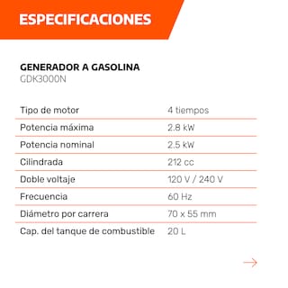 Foto 4 | Foto 4 | Generador Eléctrico A Gasolina Daewoo Gdk3000n Color Naranja Y Negro Gran Potencia Y Bajo Ruido 20l