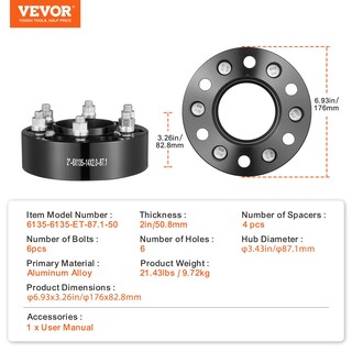 Foto 7 | Foto 7 | Espaciadores De Ruedas Vevor 6 X 5.3 2 Pulgadas De Grosor 87 1 Mm De Diámetro 4 Unidades Negros - Venta Internacional.