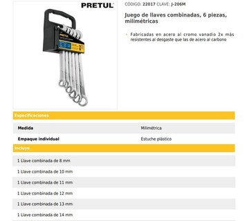 Foto 2 | Foto 2 | Juego de Llaves Combinadas Milimétricas Pretul J-126M 6 Piezas
