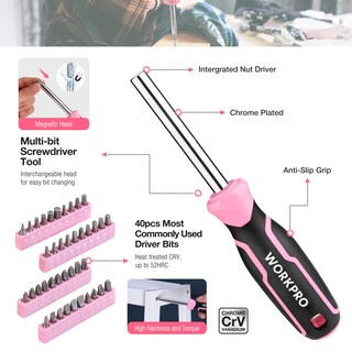 Foto 6 | Foto 6 | Kit De Herramientas Workpro Pink 258 Piezas Con Martillo Rosa Y Destornillador - Venta Internacional.