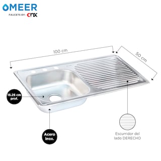 Foto 3 | Foto 3 | Meer Faucets By Cnx - Fregadero De Cocina Sencillo Con Escurridero Derecho 100cm X 50cm X 15cm