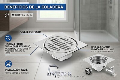 Foto 5 | Foto 5 | Coladera de Piso Fleximatic 10x10 cm con Rejilla Acero Inoxidable y Antiolores