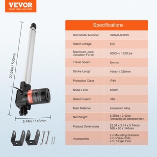 Foto 7 | Foto 7 | Actuador Lineal Vevor 12v 6000n 350mm Con Soporte De Montaje Ip44 - Venta Internacional.