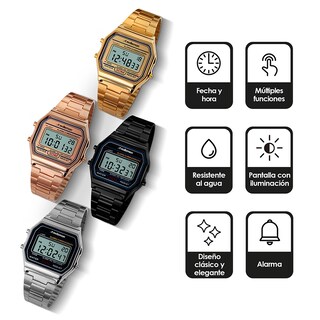 Foto 2 | Foto 2 | Reloj Clásico Digital Correa Metálica Contra Agua Alarma 1123 color Dorado