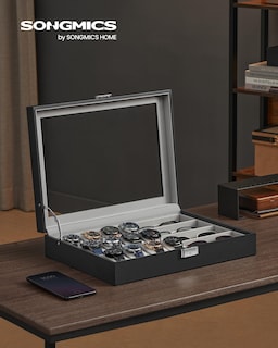 Foto 2 | Foto 2 | Watch Box Songmics De 16 Ranuras Con Cierre Con Tapa De Cristal Y Tinta Negra - Venta Internacional.
