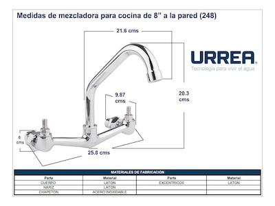 Foto 3 | Foto 3 | Llave Mezcladora Cocina 8pul A Pared Sin Manerales Urrea 248