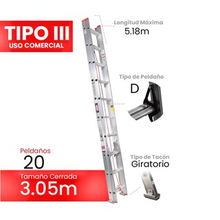 Foto 1 | Foto 1 | Escalera De Extensión Akron 82-01 | De Aluminio | Altura Ajustable De 3.05m A 6.28m | 20 Peldaños | Uso Comercial (tipo Iii)