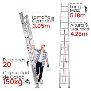Foto 2 | Foto 2 | Escalera De Extensión Akron 82-01 | De Aluminio | Altura Ajustable De 3.05m A 6.28m | 20 Peldaños | Uso Comercial (tipo Iii)