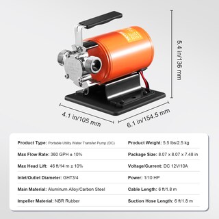 Foto 7 | Foto 7 | Bomba De Transferencia De Agua Vevor 12v 360lph 14m Con Kit De Manguera De Succión - Venta Internacional.