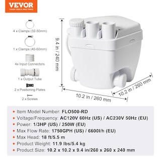 Foto 7 | Foto 7 | Sistema De Bomba De Sumidero Vevor, 1/3 Hp, 120 V, 1750 Gph, Cabezal De 5,5 M, Blanco - Venta Internacional.