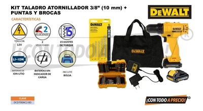 Foto 2 | Foto 2 | Taladro Atornillador 12v + Brocas Y Puntas Dewalt Dcd700ac2