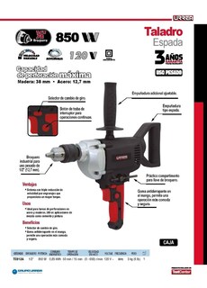 Foto 2 | Foto 2 | Taladro Espada Broquero De 1/2 850 Watts Urrea Te812a