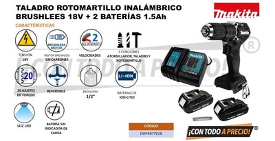 Foto 2 | Foto 2 | Taladro Inalambrico Makita Brushless 1/2 Dhp487yx2b 18v 2bat
