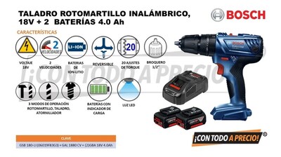 Foto 2 | Foto 2 | Rotomartillo Inalámbrico 1/2 Bosch Gsb180-li 18v +2 Bat 4 Ah
