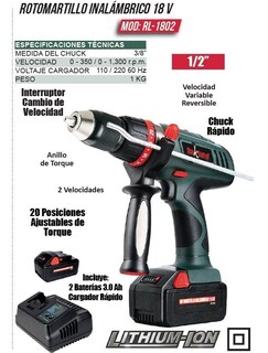 Foto 2 | Foto 2 | Rotomartillo Inalámbrico OAKLAND OAKRL-1802 color Verde 18 V con Maletín 1/2 VEL Variable