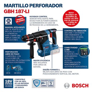 Foto 8 | Foto 8 | Rotomartillo Bosch Gbh 187-li + Set 3 Brocas + Cincel Plano