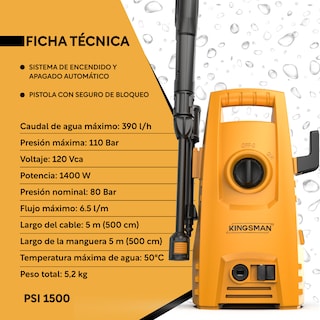 Foto 2 | Foto 2 | Hidrolavadora Eléctrica Kingsman HIDROKING1500 color Amarillo 1500 Psi 1400w + Accesorios