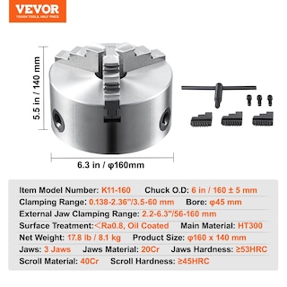 Foto 7 | Foto 7 | Plato De Torno Vevor De 6 Pulgadas, Autocentrado, 3 Mordazas, 3,5 A 160 Mm, Sujeción - Venta Internacional.