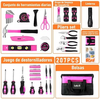 Foto 5 | Foto 5 | Juego De Herramientas Mecánicas Para Mujer Lab.g 207 Piezas, Rosa Con Negro