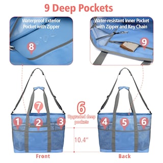 Foto 5 | Foto 5 | Bolsa De Playa De Malla En Color F Con 9 Bolsillos, Tamaño Grande Y Cremallera, Azul - Venta Internacional.