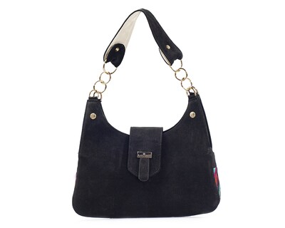 Foto 1 | Foto 1 | Bolso Tipo Satchel A Ángelozano De Piel Gamuza Con Telar Étnico, Color Negro, Modelo Irma