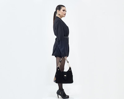 Foto 2 | Foto 2 | Bolso Tipo Satchel A Ángelozano De Piel Gamuza Con Telar Étnico, Color Negro, Modelo Irma