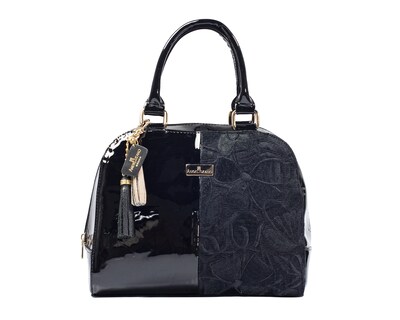 Foto 1 | Foto 1 | Bolso Tipo Satchel A Ángelozano De Piel Vacuna, Charol Y Telar, Color Negro, Modelo Elsa