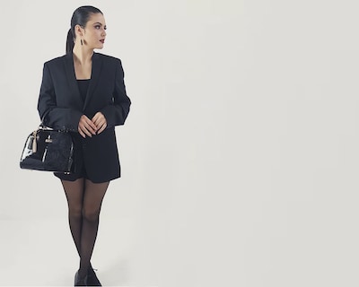 Foto 8 | Foto 8 | Bolso Tipo Satchel A Ángelozano De Piel Vacuna, Charol Y Telar, Color Negro, Modelo Elsa