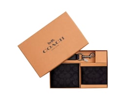 Cartera Coach Con Llavero, Tarjetero Y Caja 3 En 1 Set Signature Canvas Cw344 Color Negro