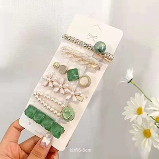 Foto 4 | Foto 4 | Pinzas Para El Pelo Huoguo Perlas Verdes Y Diamantes De Imitación Sonrientes 6 Unidades - Venta Internacional.