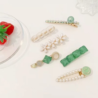 Foto 5 | Foto 5 | Pinzas Para El Pelo Huoguo Perlas Verdes Y Diamantes De Imitación Sonrientes 6 Unidades - Venta Internacional.