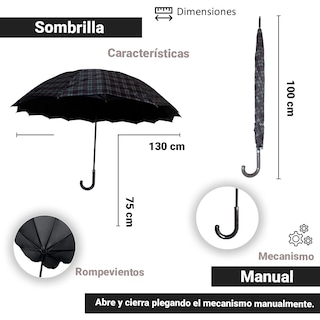 Foto 2 | Foto 2 | Paraguas Sombrilla De Bastón Escocésa Rompevientos Importadora La Merced Negro Gris Resistente