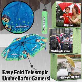 Foto 3 | Foto 3 | Paraguas Minecraft Para Niños Plegable, Duradero Y Compacto, Azul/verde - Venta Internacional.