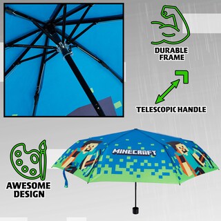 Foto 5 | Foto 5 | Paraguas Minecraft Para Niños Plegable, Duradero Y Compacto, Azul/verde - Venta Internacional.