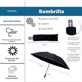 Foto 2 | Foto 2 | Sombrilla Automática Con Protección Uv Y Tela Impermeable De 9 Varillas Negro