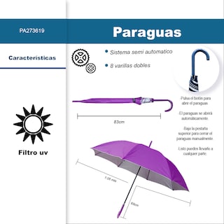 Foto 2 | Foto 2 | Paraguas Tipo Bastón Filtro Uv 8 Varillas Doble Semiautomático Color Morado