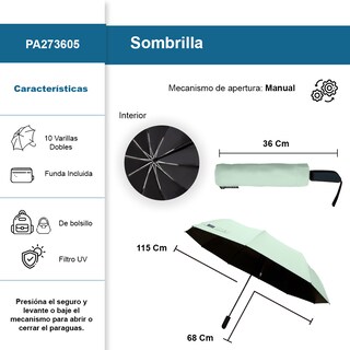 Foto 2 | Foto 2 | Sombrilla Manual De Bolsillo Filtro Uv Resistente 10 Varillas Dobles Color Menta