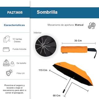 Foto 2 | Foto 2 | Sombrilla Manual De Bolsillo Filtro Uv Resistente 10 Varillas Dobles Color Naranja