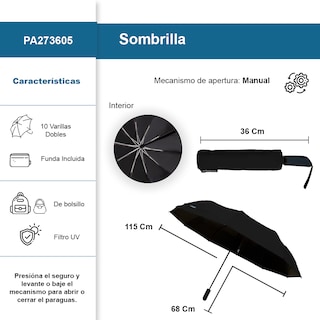 Foto 2 | Foto 2 | Sombrilla Manual De Bolsillo Filtro Uv Resistente 10 Varillas Dobles Color Negro