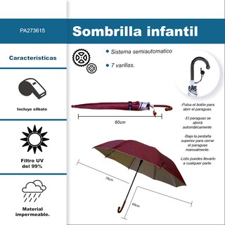 Foto 2 | Foto 2 | Paraguas Infantil Tipo Bastón Semiautomático Uv Silbato Incluido Color Vino