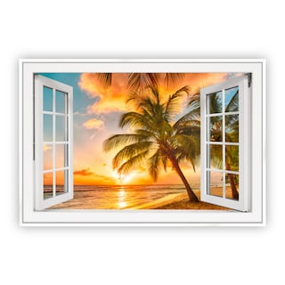 Foto 1 | Foto 1 | Cuadro Canvas Revolution Ventana Playa Mar Palmera Marco color Blanco