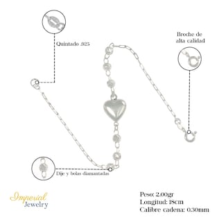 Foto 2 | Foto 2 | Pulsera De Plata 925 Con Corazon Y Bola Diamantada 18 Cm