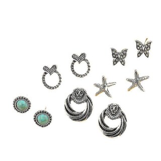 Foto 1 | Foto 1 | Juego De Pendientes De Plata Envejecida Con Forma De Estrella Pentagrama Del Amor Para Uso Diario - Venta Internacional.