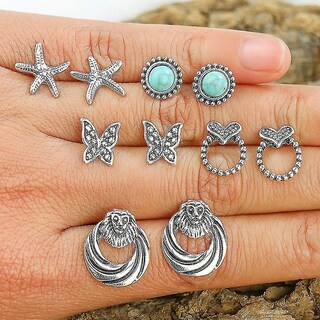 Foto 2 | Foto 2 | Juego De Pendientes De Plata Envejecida Con Forma De Estrella Pentagrama Del Amor Para Uso Diario - Venta Internacional.