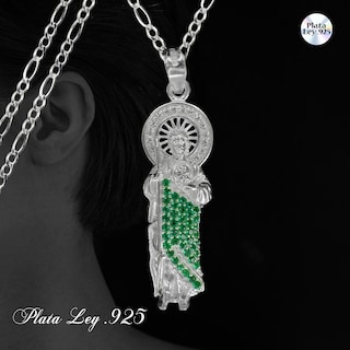 Foto 3 | Foto 3 | Dije De Plata San Judas Tadeo Con Incrustaciones De Zirconia Verdes Y Transparentes Con Cadena De Plata Calibre 50
